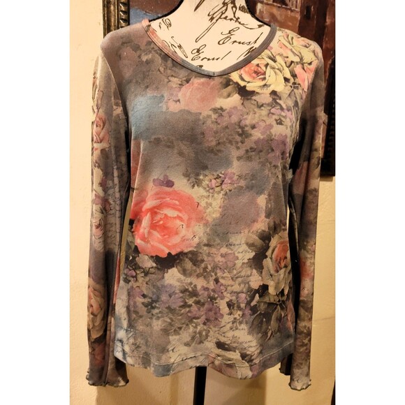 XCIT U.S.A. Tops - Vintage XCIT U.S.A. Floral and Script Print Long Sleeve Mesh Top Size PS Bell